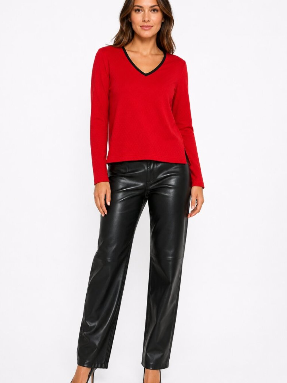 British Khaki Red V-Neck Top & Dynamite Faux Leather Pants Set